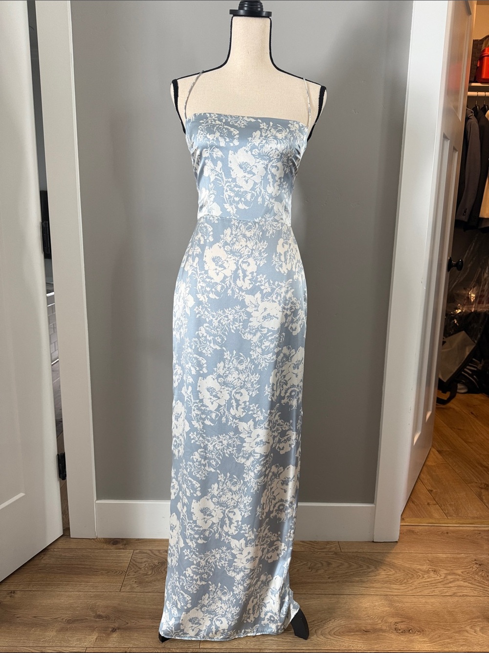Reformation Light Blue Floral Slip Dress with White Pattern